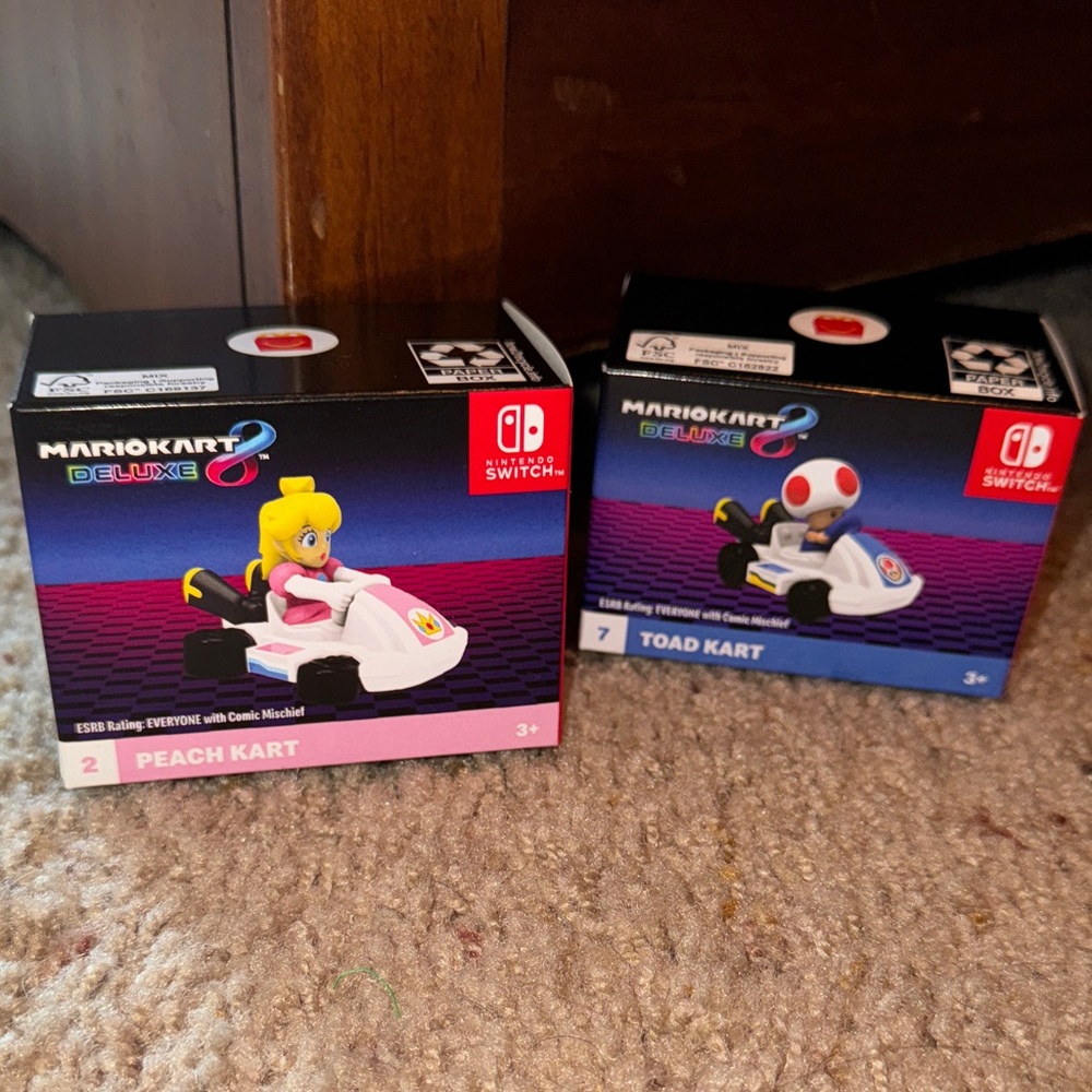 McDonald’s Mario Kart Deluxe Peach and Toad Karts New In Sealed Packaging